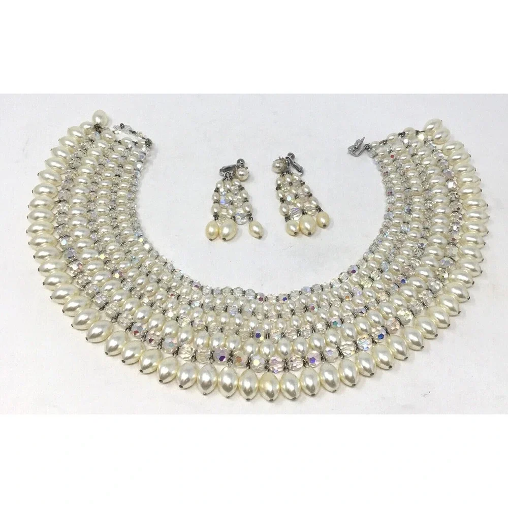 Vendome Faux Pearl Bib & AB Crystal Beads Vintage Runway Statement Necklace Set - Picture 2 of 6